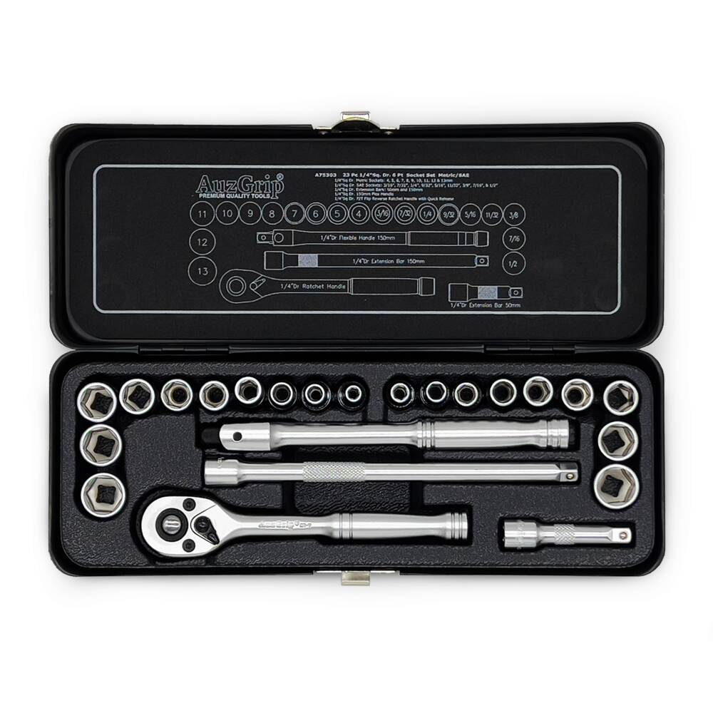 AuzGrip A75303 23 Piece Metric and SAE 6 Point 1/4 Inch Square Drive Socket Set Front