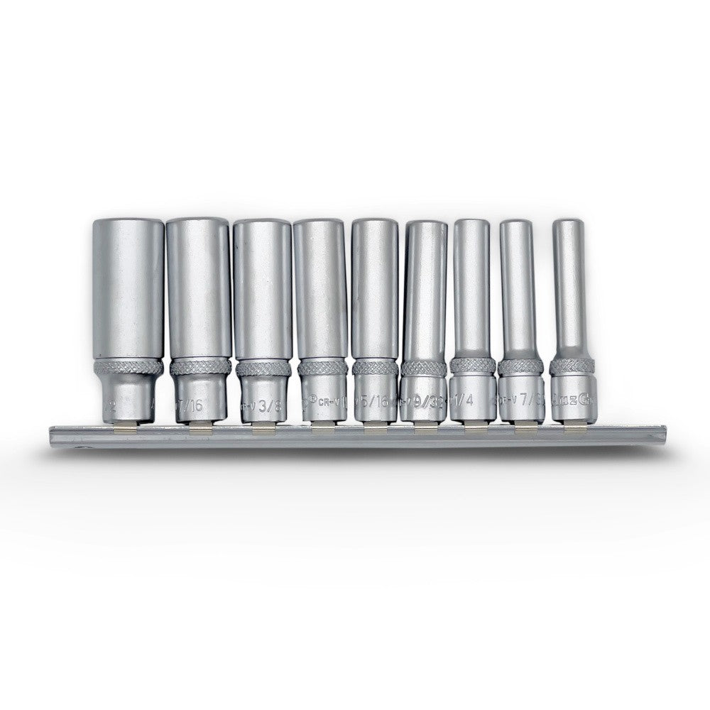 AuzGrip A75351 9 Piece SAE 12 Point 1/4" Square Drive Deep Socket Set Front