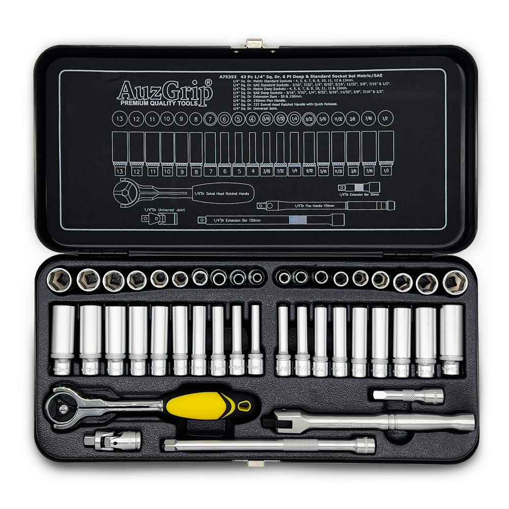 AuzGrip A75353 43 Piece Metric and SAE 6 Point 1/4 Inch Square Drive Deep and Standard Socket Set Front
