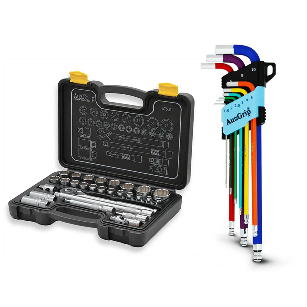 AuzGrip A76001 28pc 1/2" Drive Socket Set + A71300 9pc Hex Key Set Bundle
