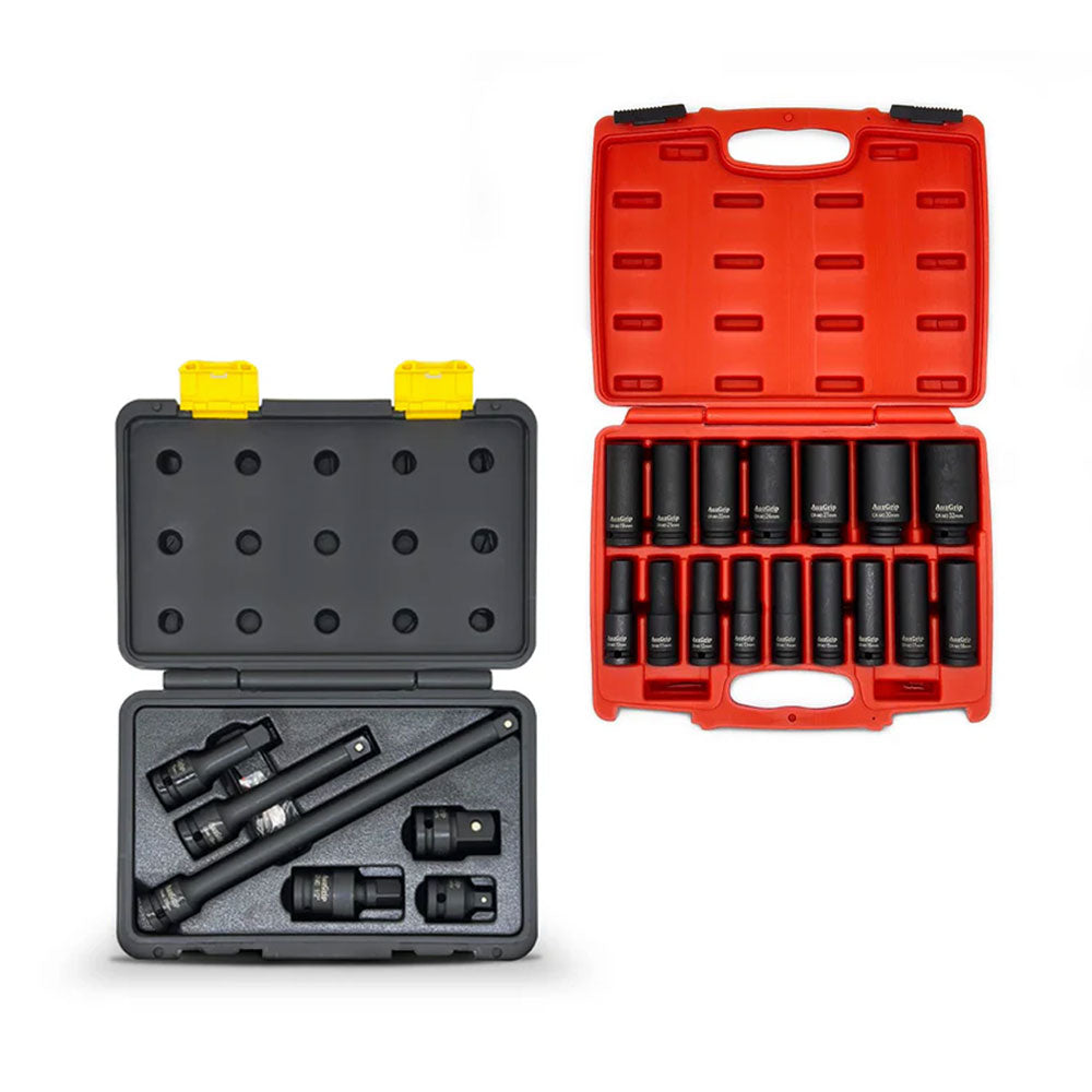 AuzGrip A84616 16pc Deep Impact Socket Set + A84869 Adaptor & Extension Set Bundle