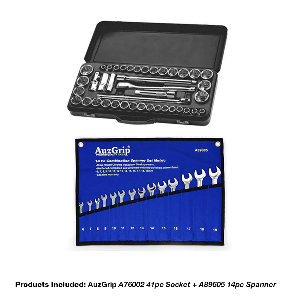 AuzGrip 2-Piece Socket and Spanner Master Combo: A76002 41pc Socket + A89605 14pc Spanner