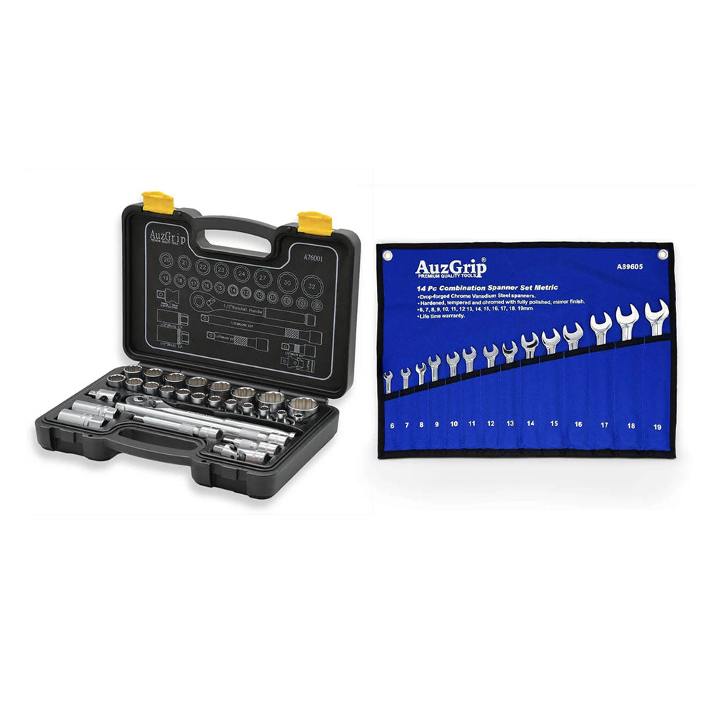AuzGrip A76001 28pc Socket Set + A89605 14pc Spanner Set Bundle