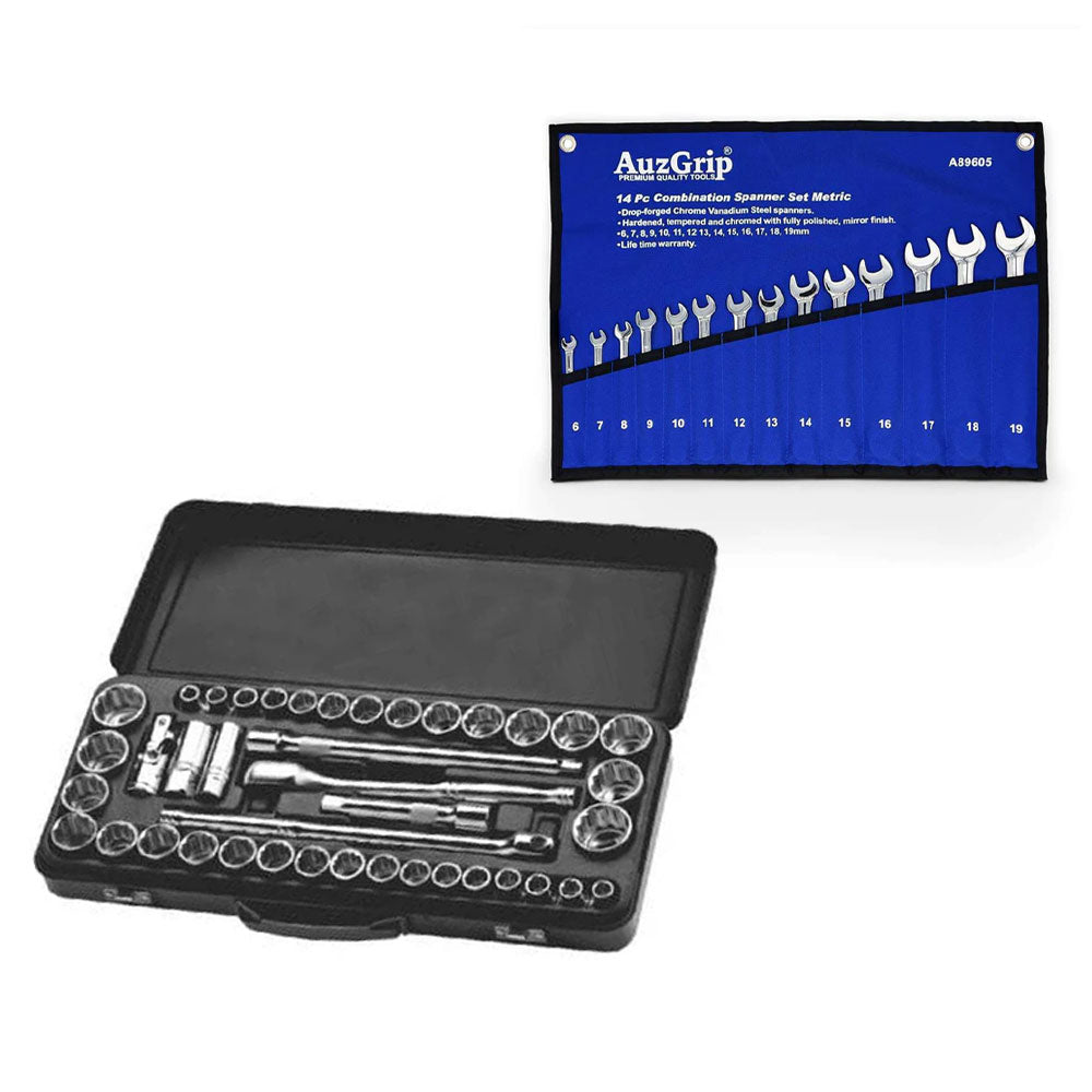 AuzGrip A76002 41pc Socket Set + A89605 14pc Spanner Set Bundle