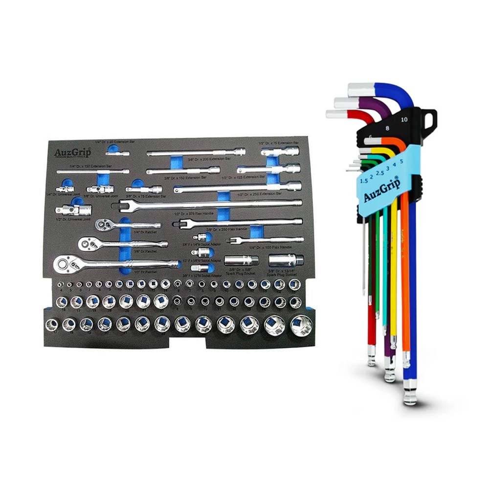 AuzGrip A76003 72pc Socket Set + A71300 Extra Long Hex Key Set Bundle