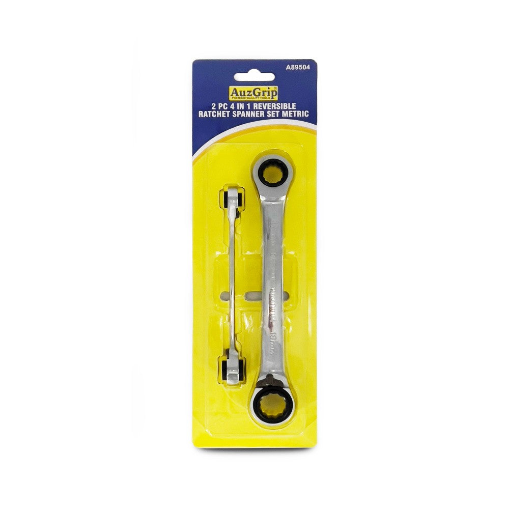 AuzGrip A89504 2 Piece Metric 4 in 1 Reversible Ratchet Spanner Set Front