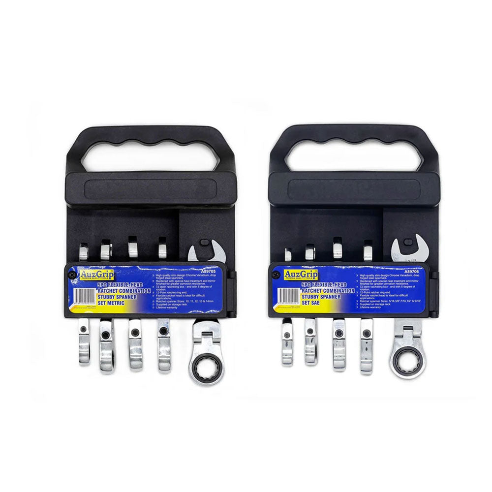 AuzGrip A89705 Metric + A89706 SAE Stubby Flex Ratchet Spanner Set Bundle