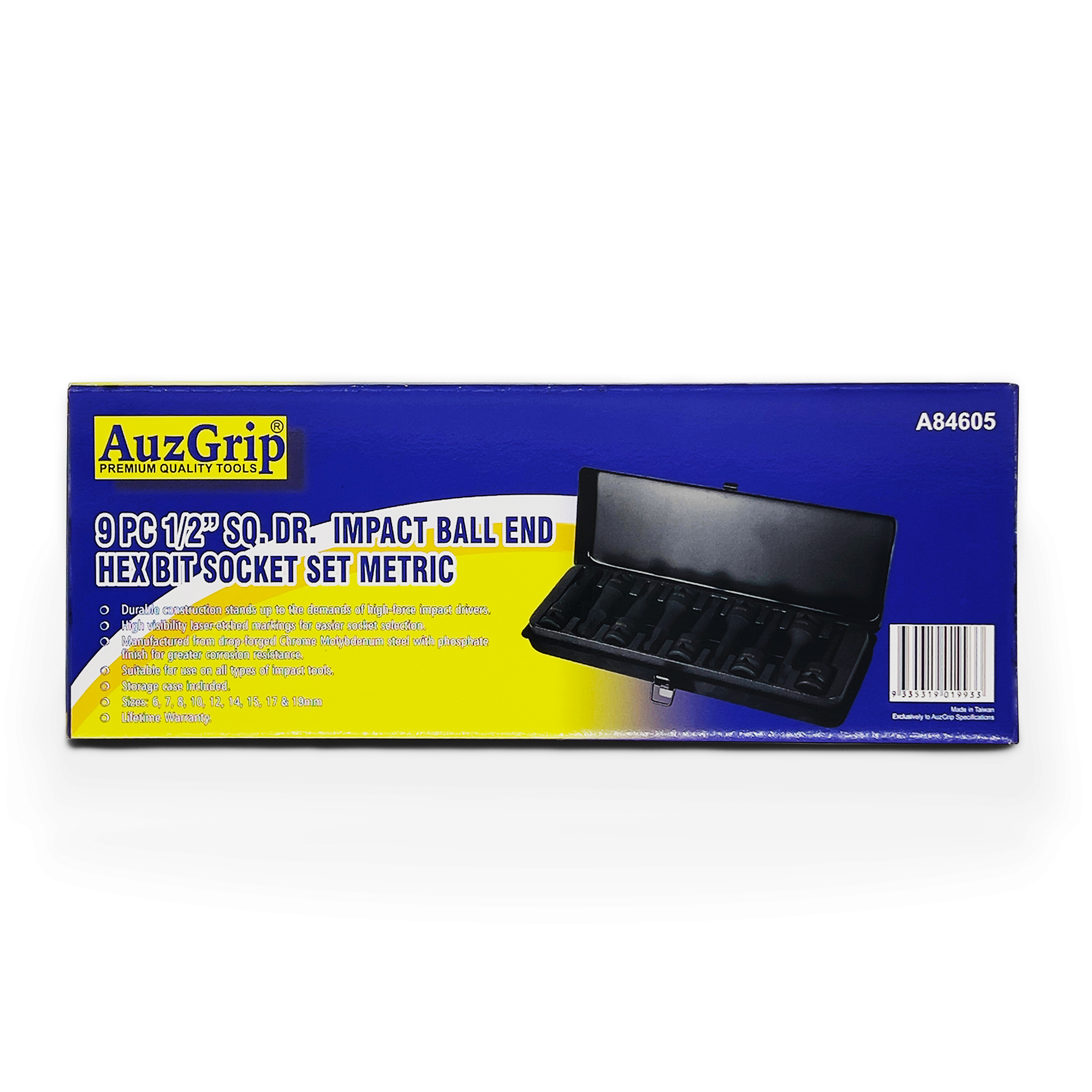 AuzGrip A84605 9 Piece Metric 1/2'' Square Drive Ball End Hex Bit Impact Socket Set Box