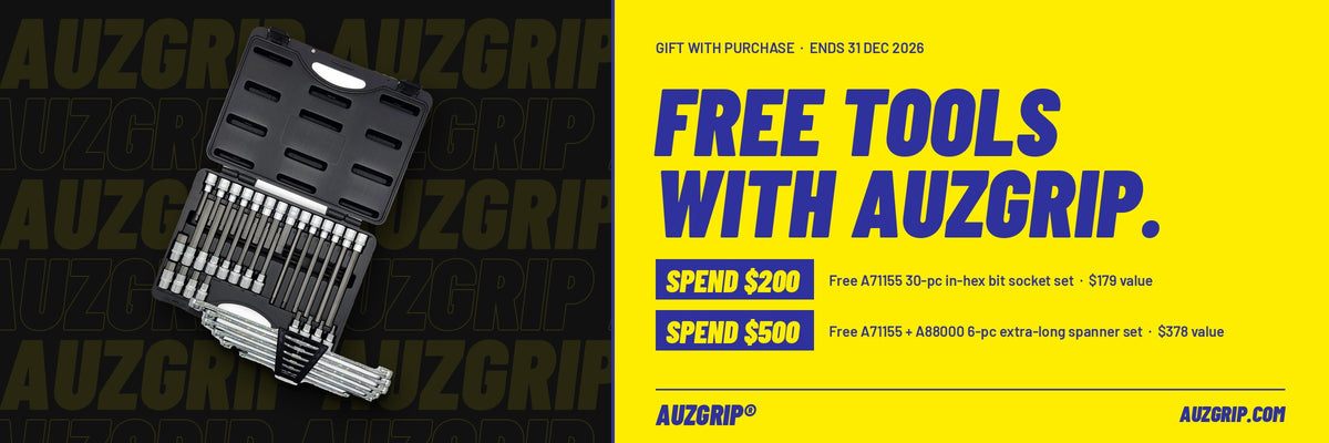 AuzGrip Gift with Purchase: spend $200 get a free 30-piece in-hex bit socket set, spend $500 get both sets free. Ends 31 Dec 2026.